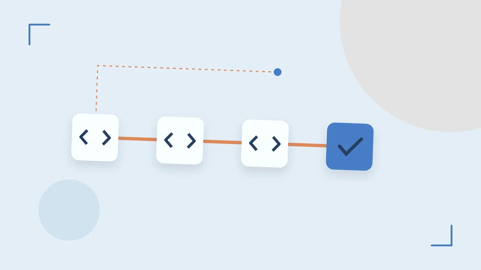 Editorial illustration of a branching build pipeline, staged transformations and a completed check
