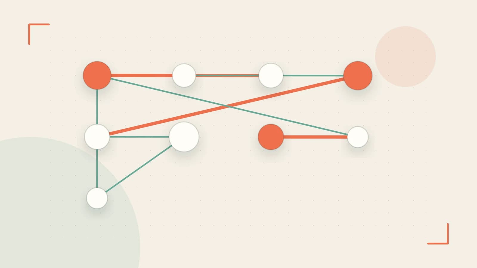 Editorial illustration of an algorithmic node graph with branching paths and a highlighted result