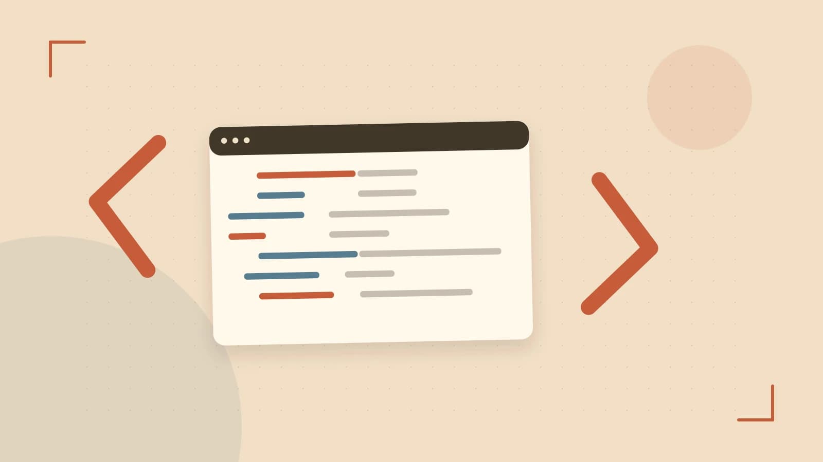 Editorial illustration of an abstract code editor, syntax blocks and oversized programming brackets