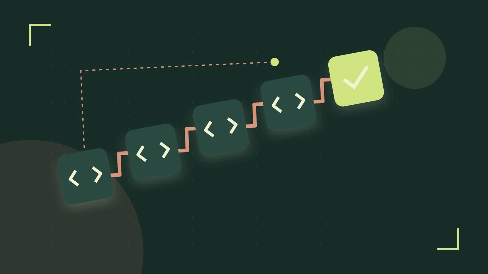 Editorial illustration of a branching build pipeline, staged transformations and a completed check