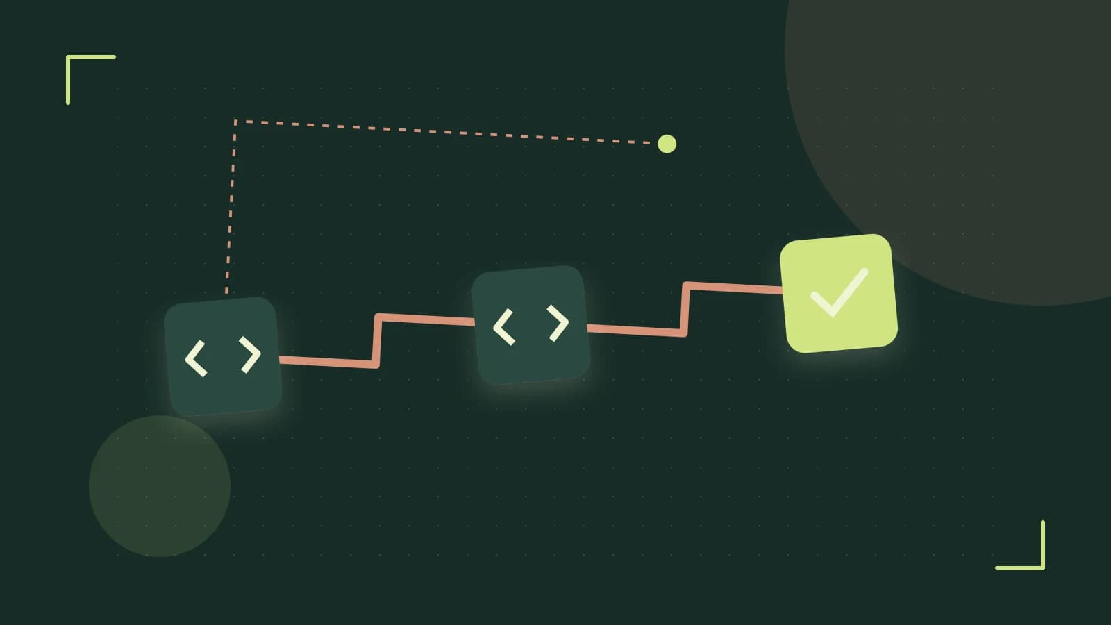Editorial illustration of a branching build pipeline, staged transformations and a completed check