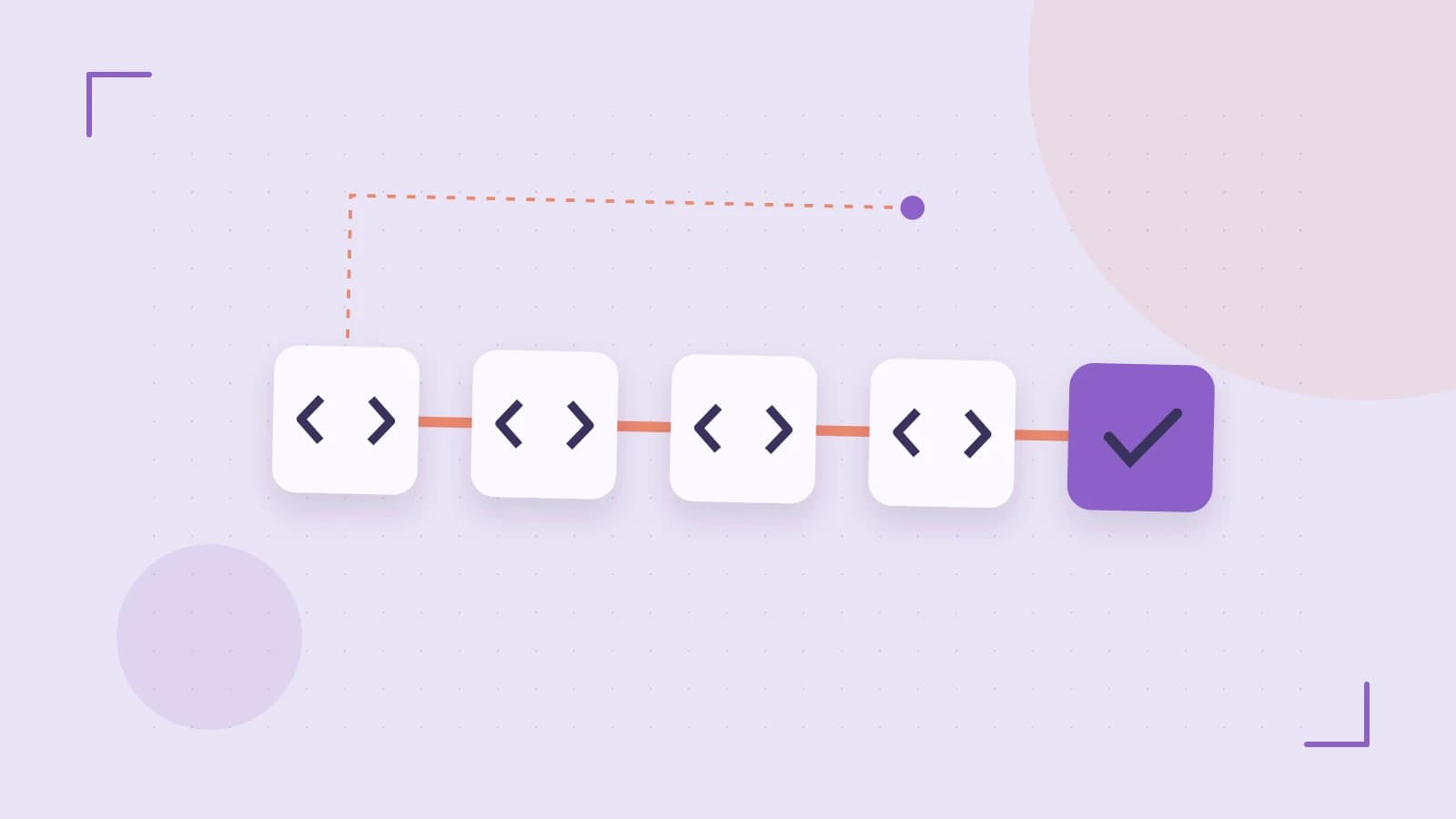 Editorial illustration of a branching build pipeline, staged transformations and a completed check