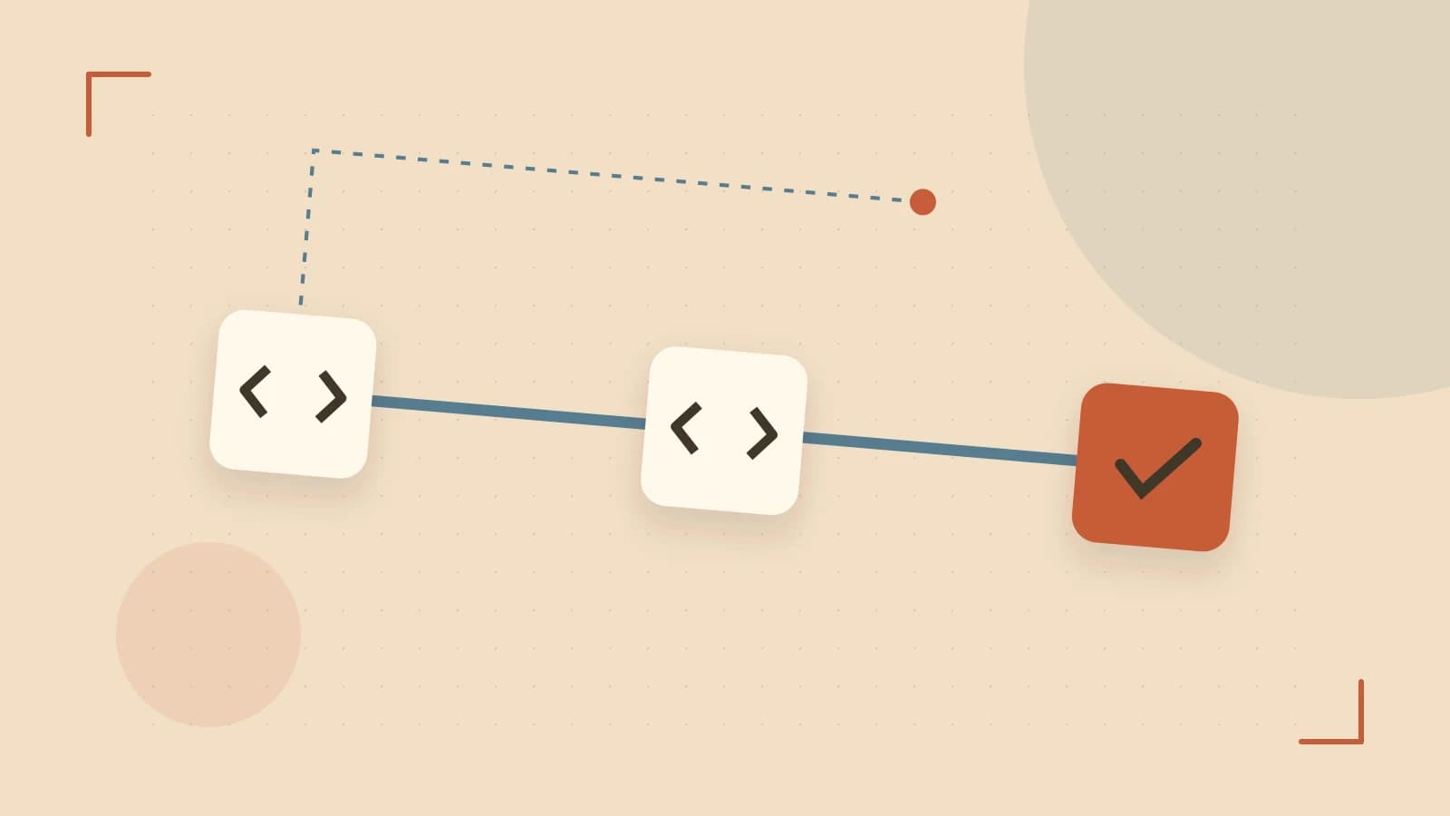 Editorial illustration of a branching build pipeline, staged transformations and a completed check