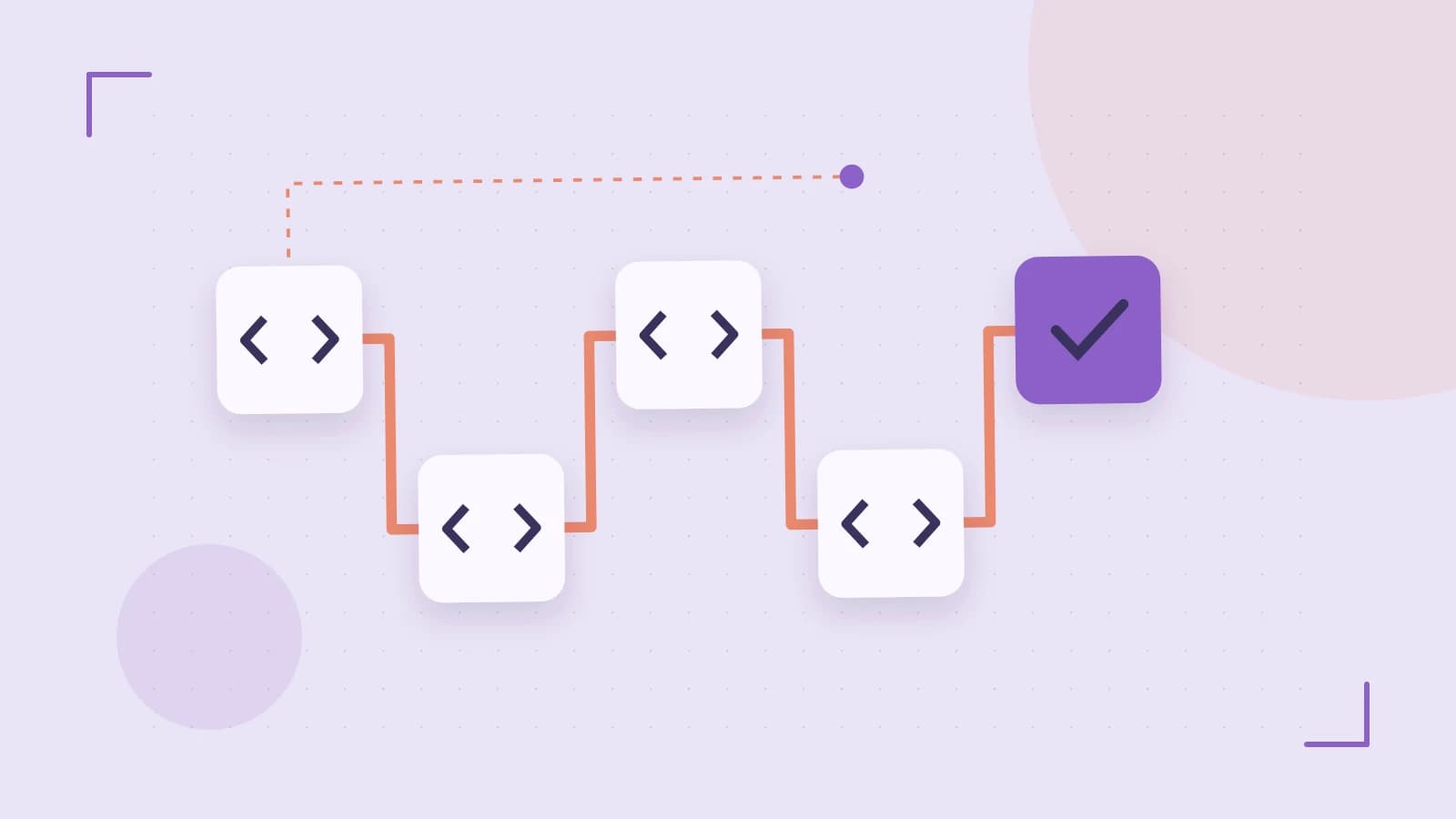 Editorial illustration of a branching build pipeline, staged transformations and a completed check