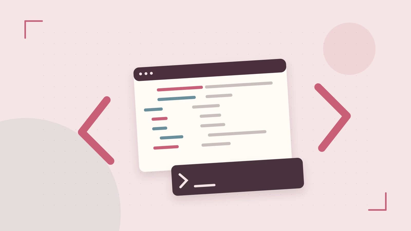 Editorial illustration of an abstract code editor, syntax blocks and oversized programming brackets