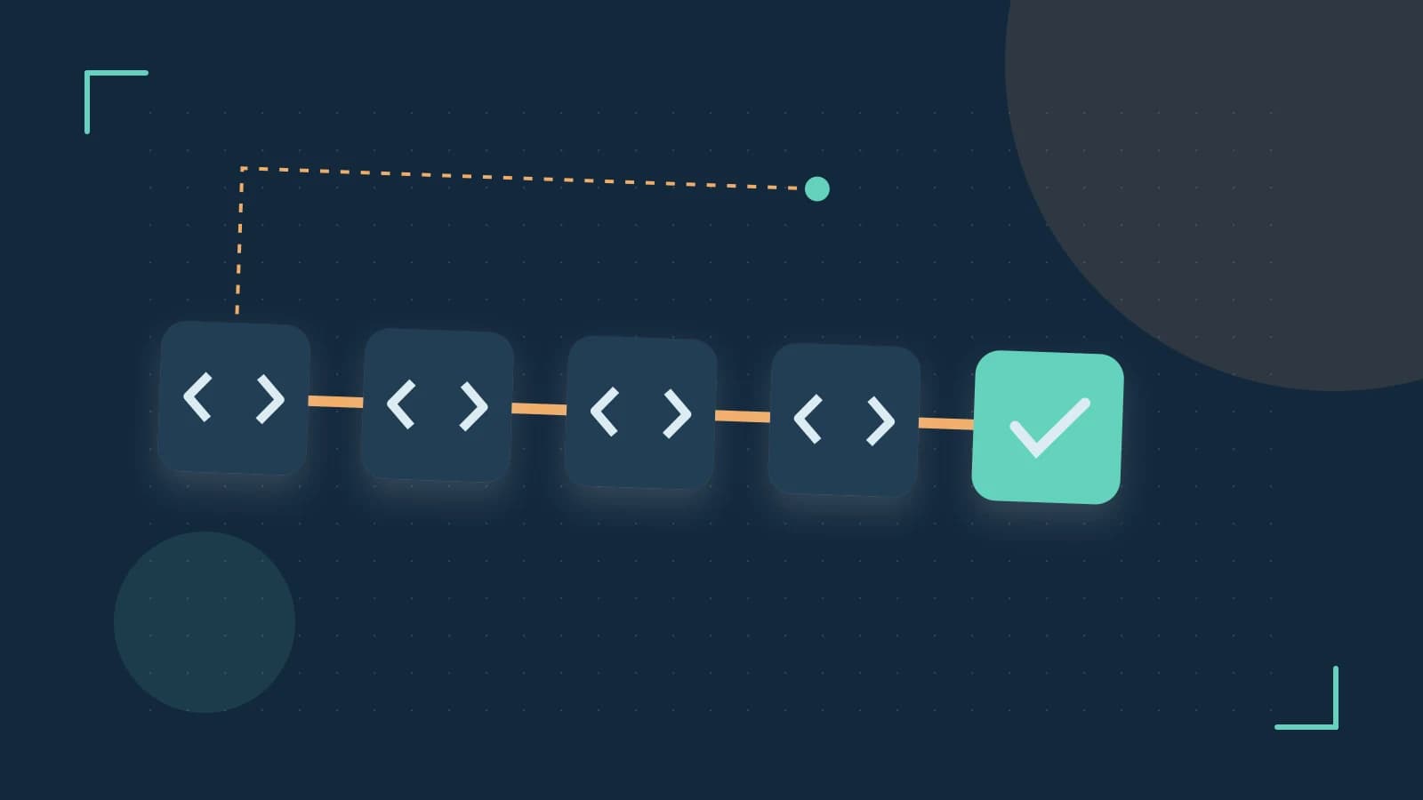 Editorial illustration of a branching build pipeline, staged transformations and a completed check
