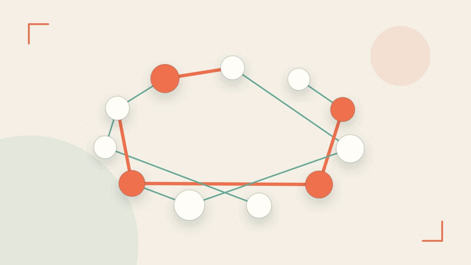 Editorial illustration of an algorithmic node graph with branching paths and a highlighted result