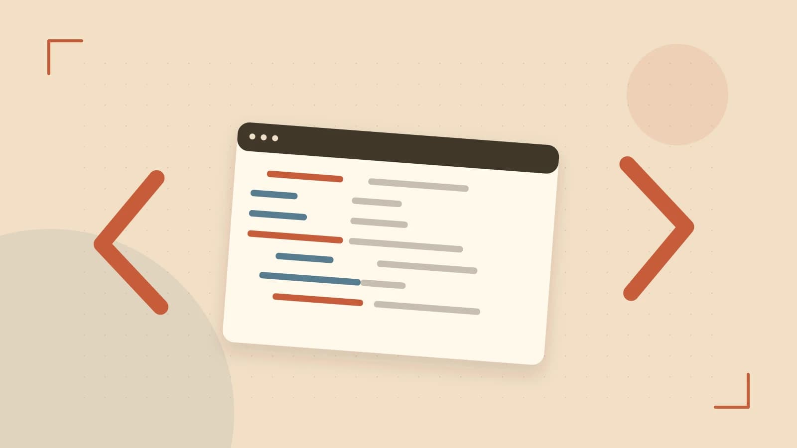 Editorial illustration of an abstract code editor, syntax blocks and oversized programming brackets