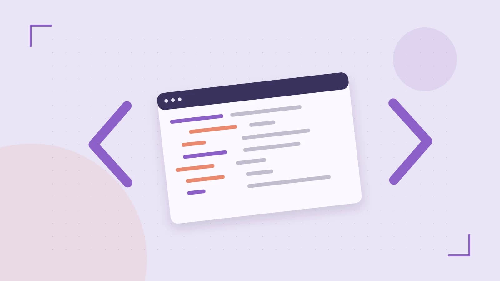 Editorial illustration of an abstract code editor, syntax blocks and oversized programming brackets