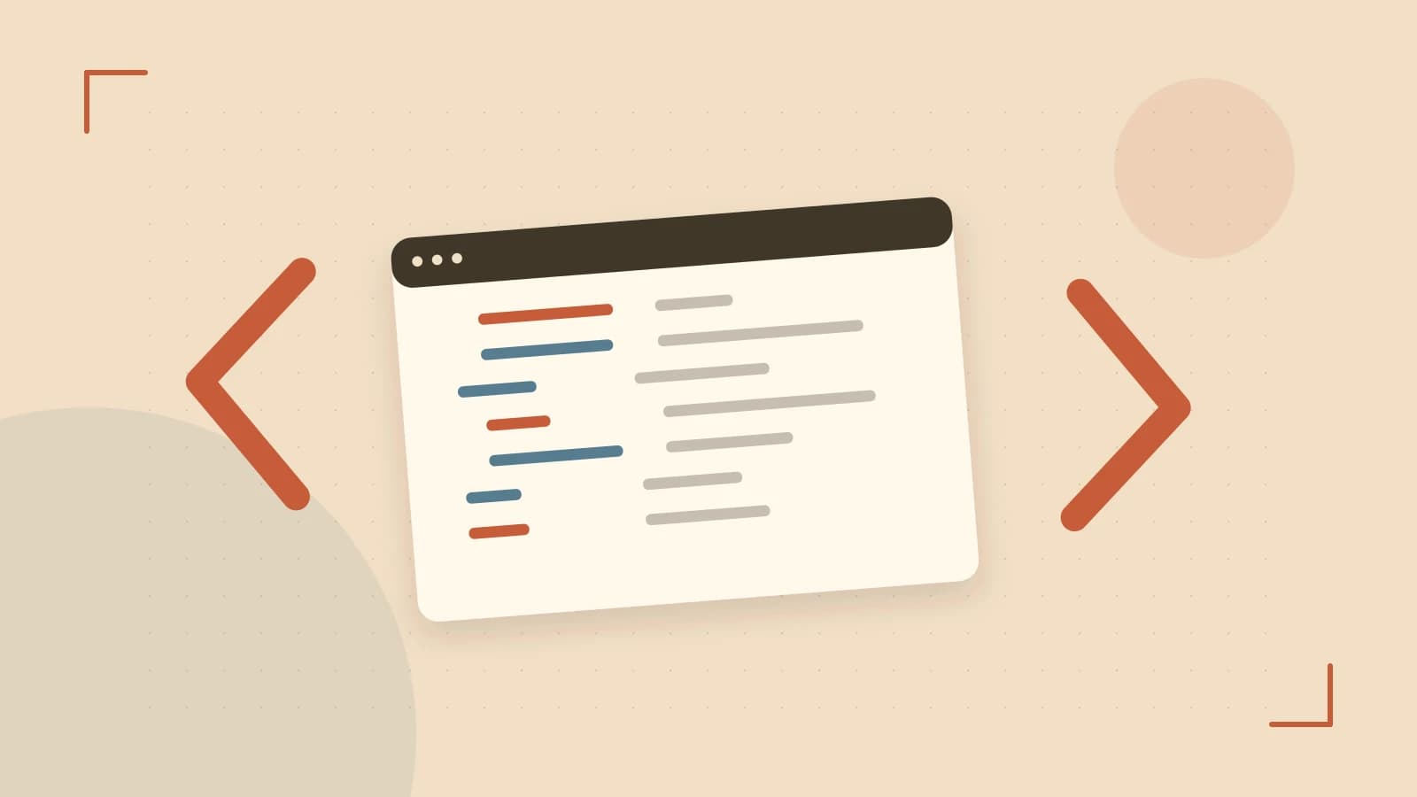 Editorial illustration of an abstract code editor, syntax blocks and oversized programming brackets