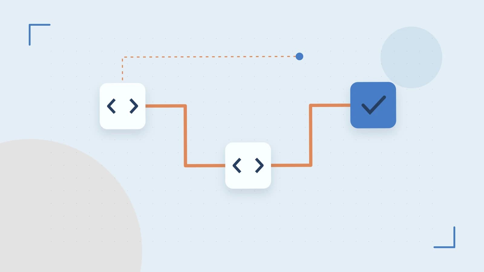 Editorial illustration of a branching build pipeline, staged transformations and a completed check