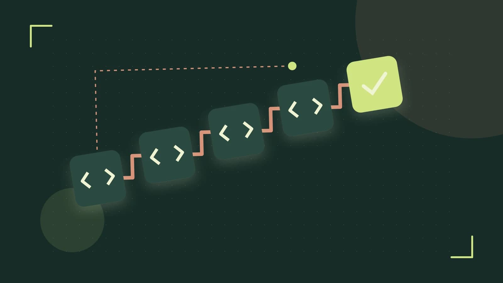 Editorial illustration of a branching build pipeline, staged transformations and a completed check