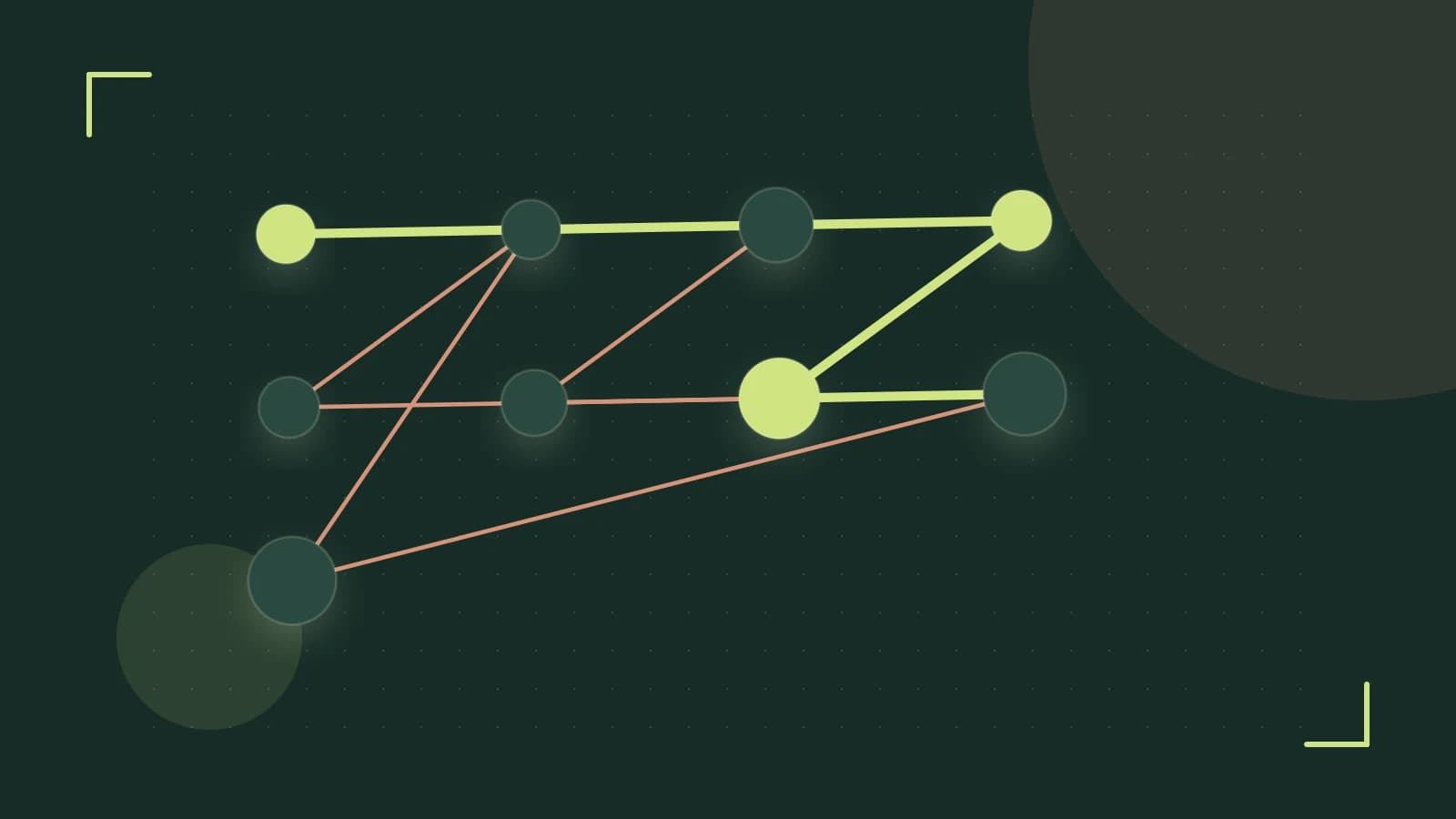 Editorial illustration of an algorithmic node graph with branching paths and a highlighted result