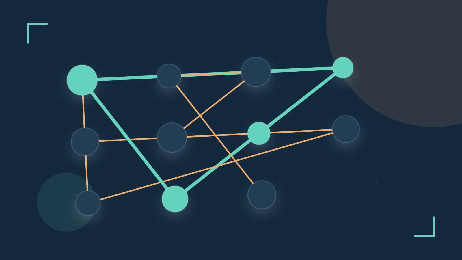 Editorial illustration of an algorithmic node graph with branching paths and a highlighted result