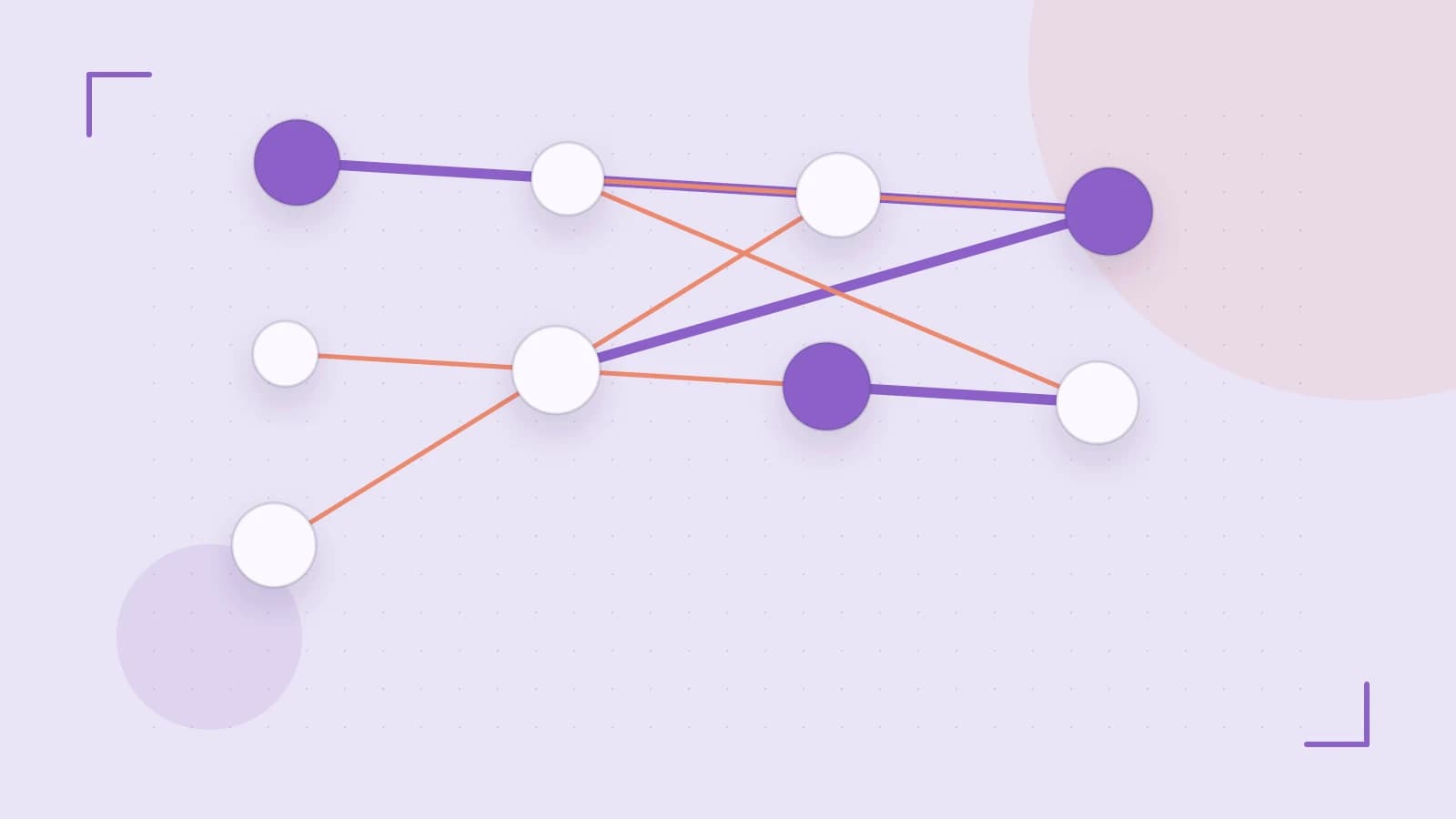 Editorial illustration of an algorithmic node graph with branching paths and a highlighted result