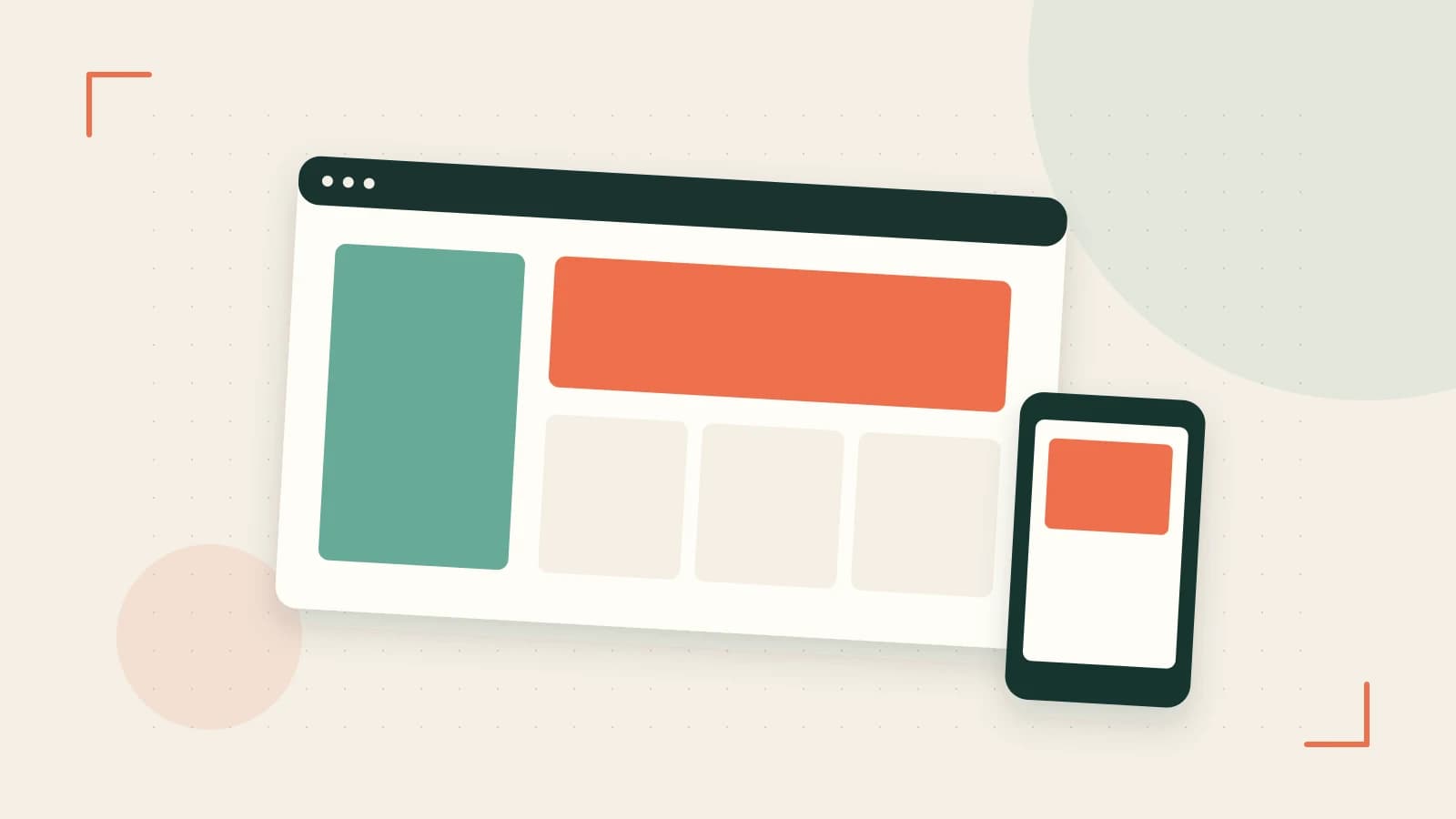 Editorial illustration of responsive browser layouts, overlapping design components and a color system