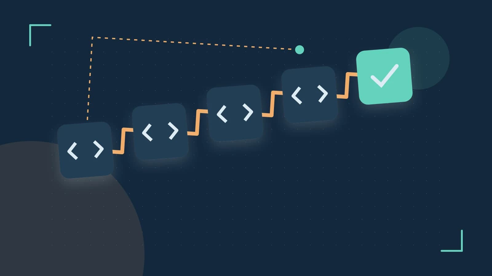 Editorial illustration of a branching build pipeline, staged transformations and a completed check