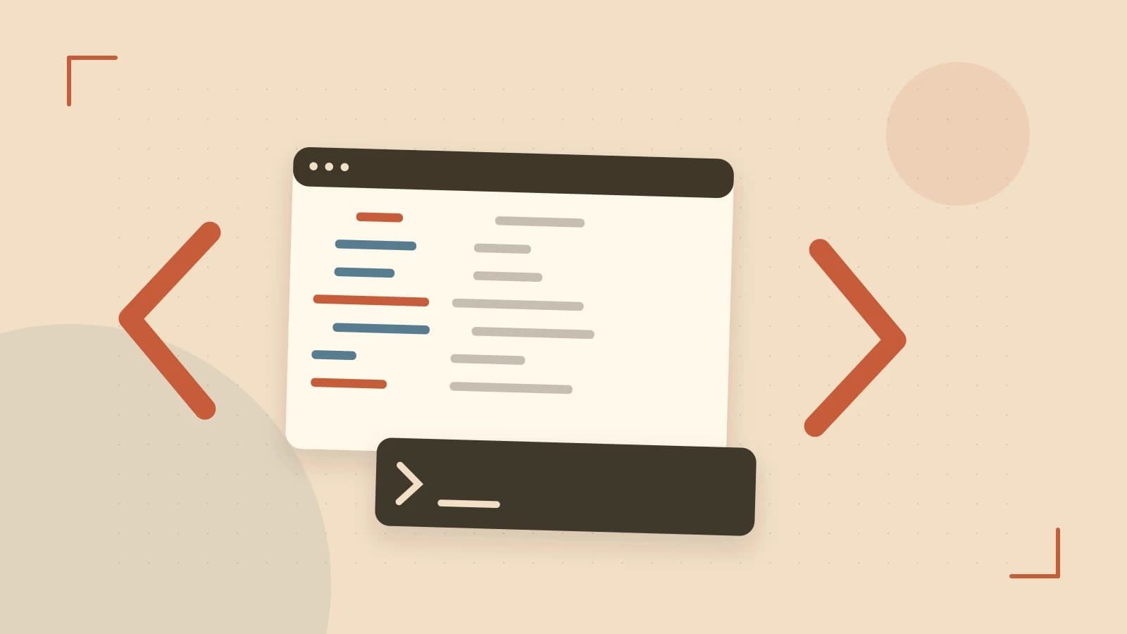 Editorial illustration of an abstract code editor, syntax blocks and oversized programming brackets