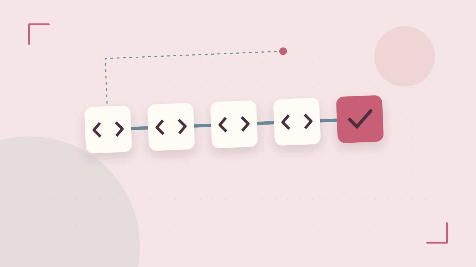 Editorial illustration of a branching build pipeline, staged transformations and a completed check