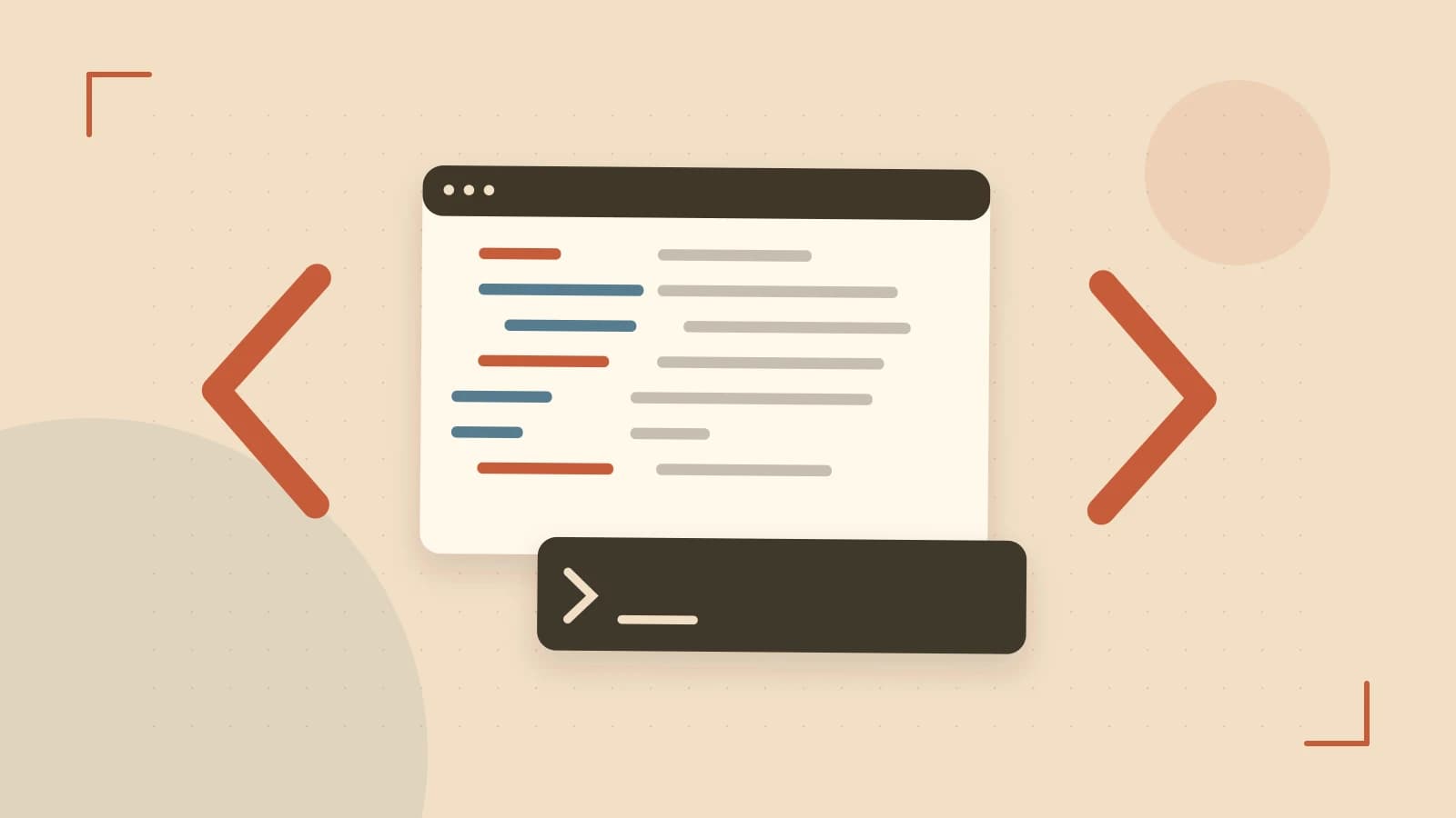 Editorial illustration of an abstract code editor, syntax blocks and oversized programming brackets