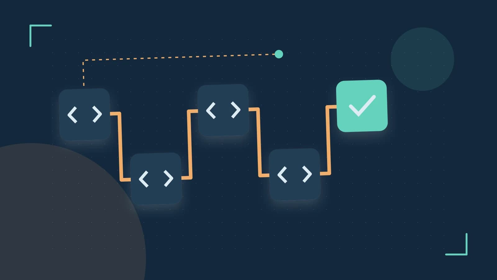 Editorial illustration of a branching build pipeline, staged transformations and a completed check
