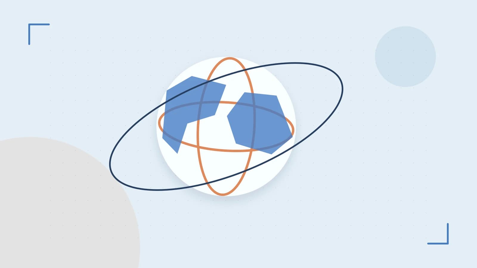 Editorial illustration of an editorial globe with meridians and layered geographic shapes