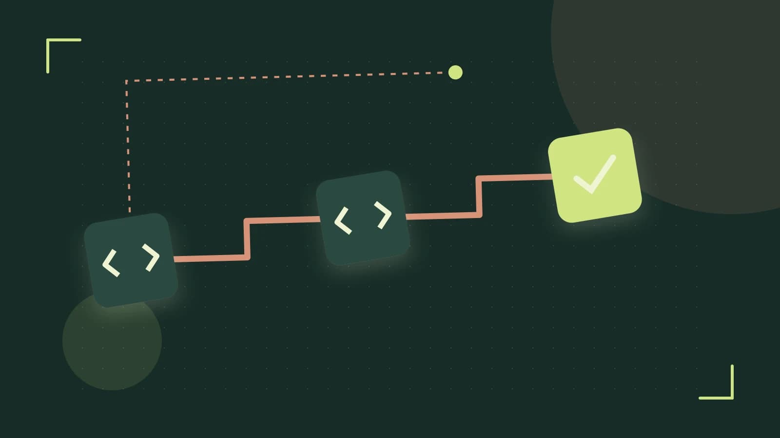 Editorial illustration of a branching build pipeline, staged transformations and a completed check