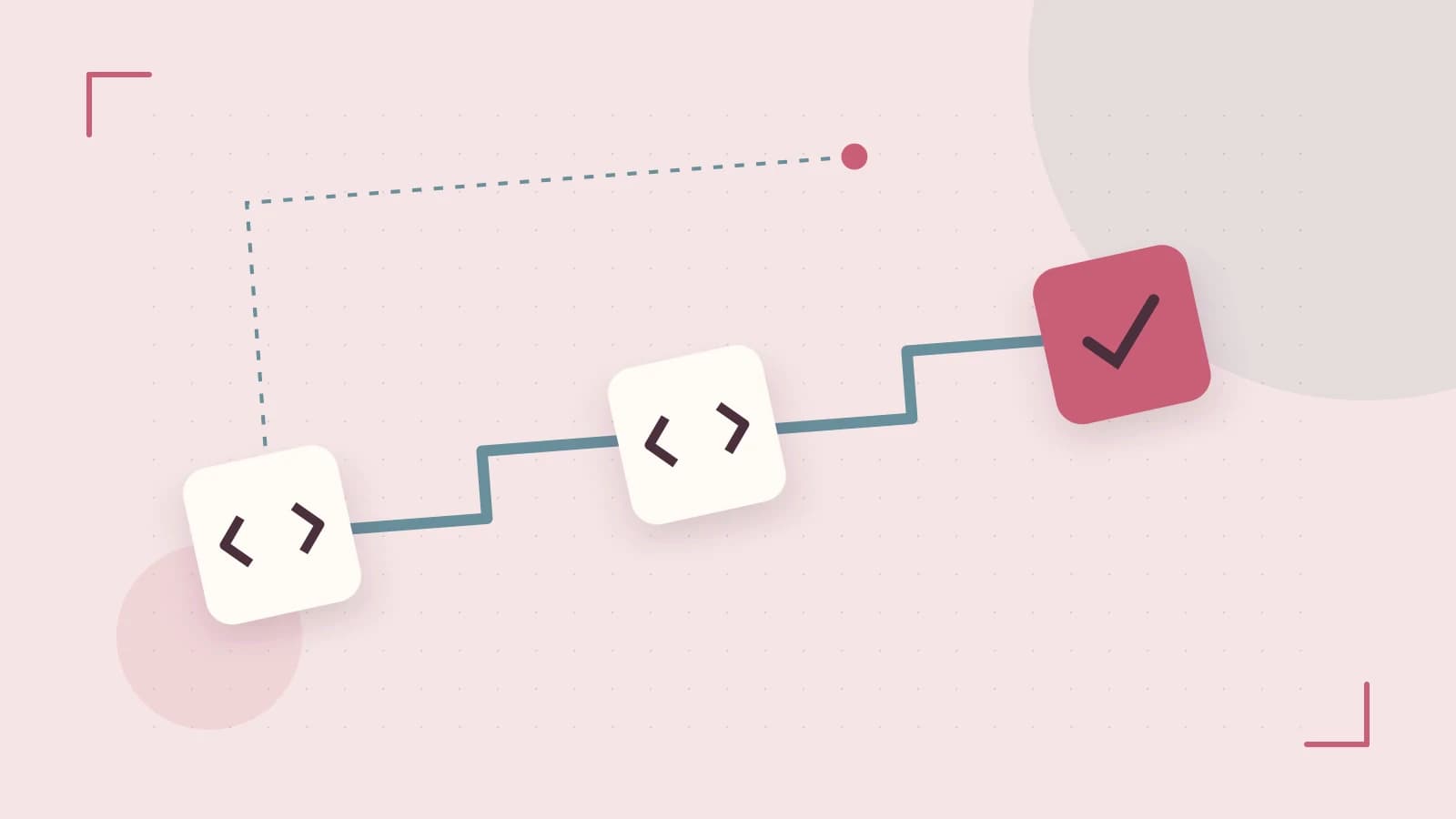 Editorial illustration of a branching build pipeline, staged transformations and a completed check