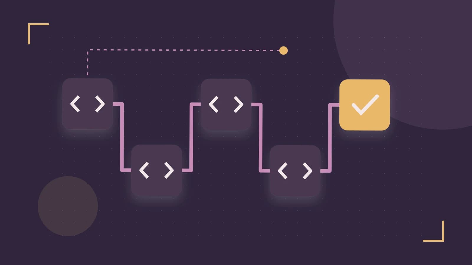 Editorial illustration of a branching build pipeline, staged transformations and a completed check