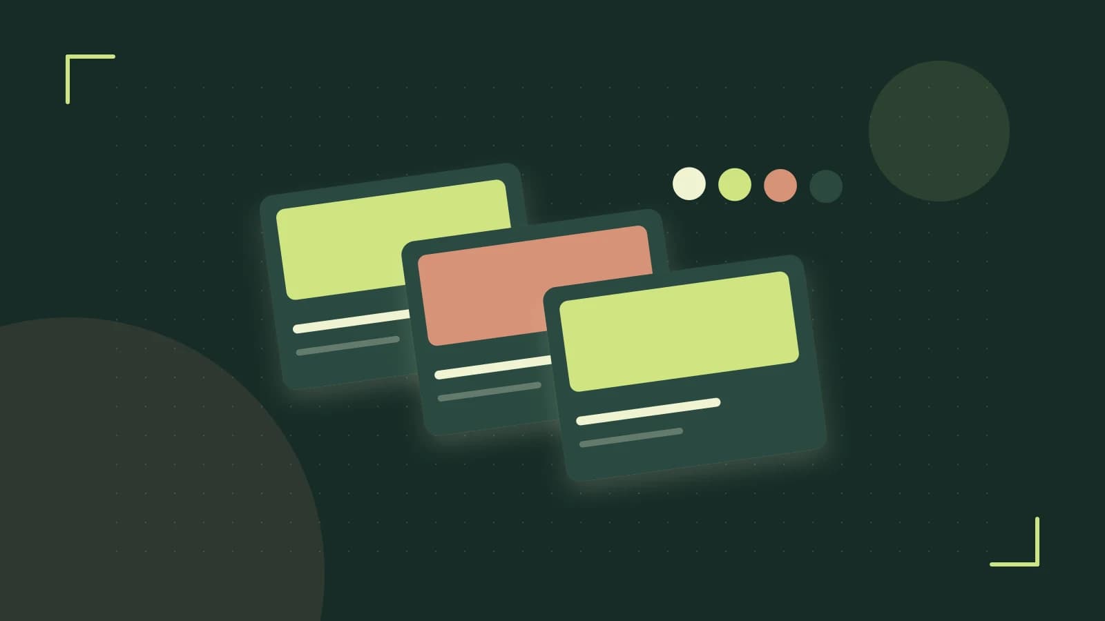 Editorial illustration of responsive browser layouts, overlapping design components and a color system