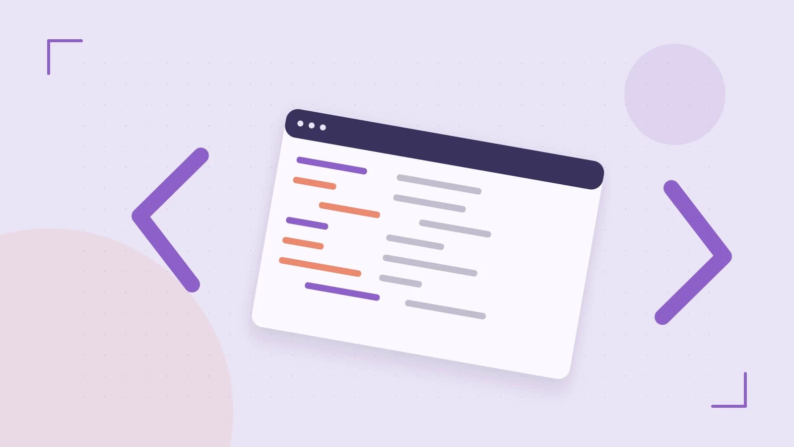 Editorial illustration of an abstract code editor, syntax blocks and oversized programming brackets