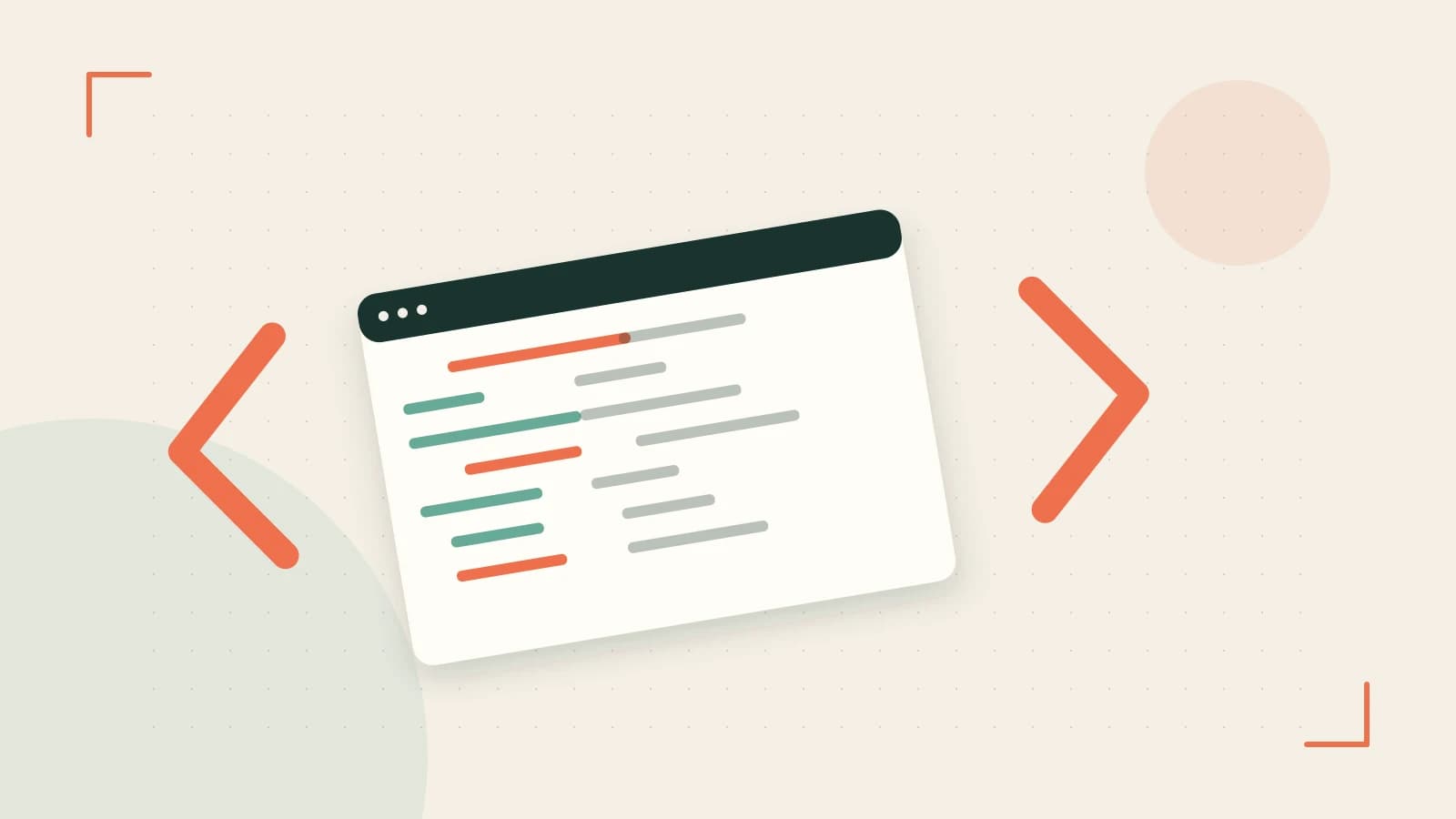 Editorial illustration of an abstract code editor, syntax blocks and oversized programming brackets