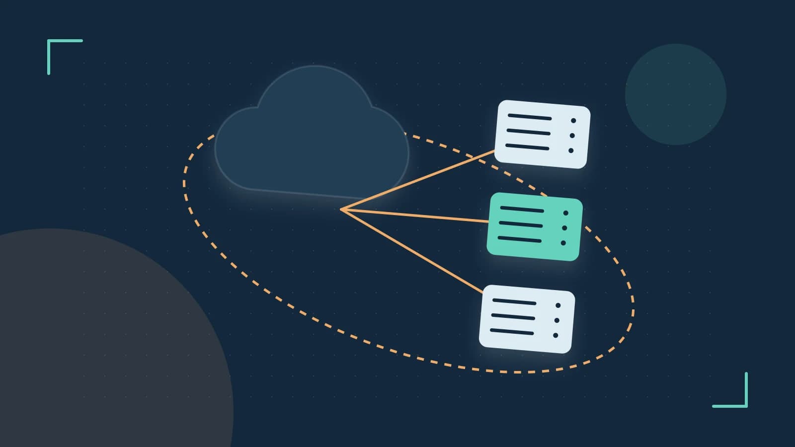 Editorial illustration of cloud infrastructure, connected server racks and an orbital service map