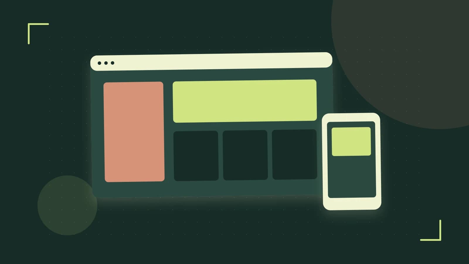 Editorial illustration of responsive browser layouts, overlapping design components and a color system