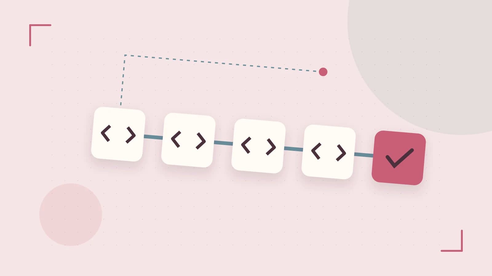 Editorial illustration of a branching build pipeline, staged transformations and a completed check