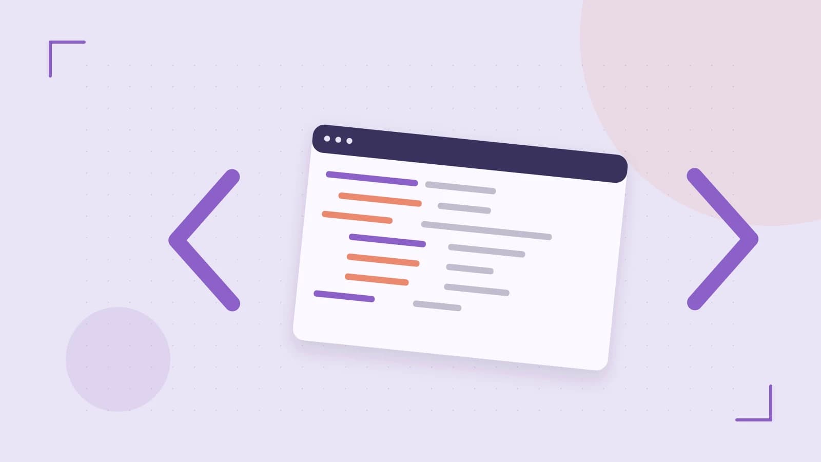 Editorial illustration of an abstract code editor, syntax blocks and oversized programming brackets