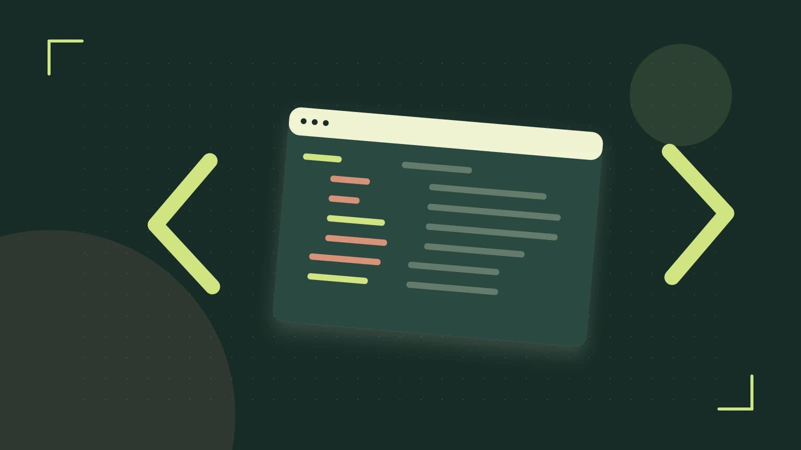 Editorial illustration of an abstract code editor, syntax blocks and oversized programming brackets
