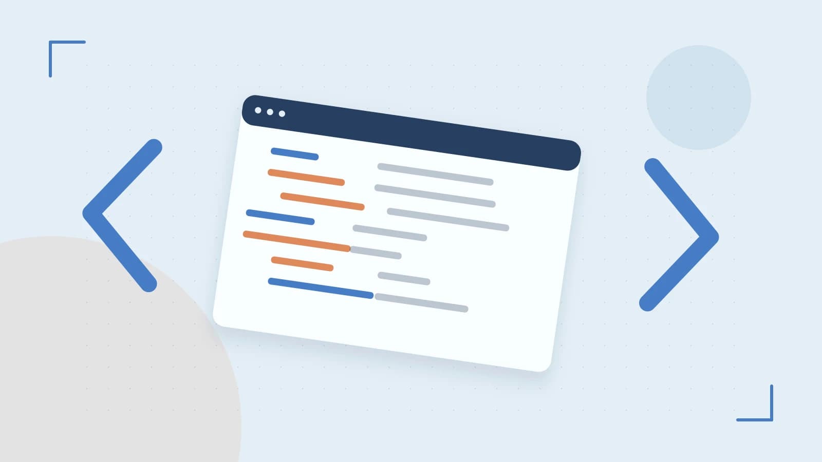 Editorial illustration of an abstract code editor, syntax blocks and oversized programming brackets