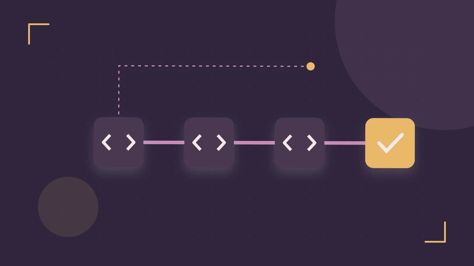 Editorial illustration of a branching build pipeline, staged transformations and a completed check