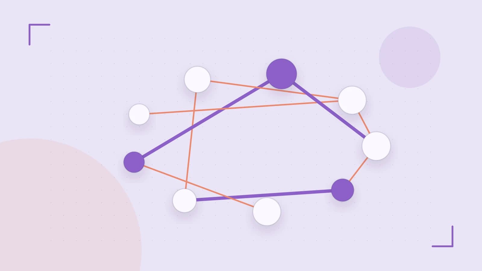 Editorial illustration of an algorithmic node graph with branching paths and a highlighted result