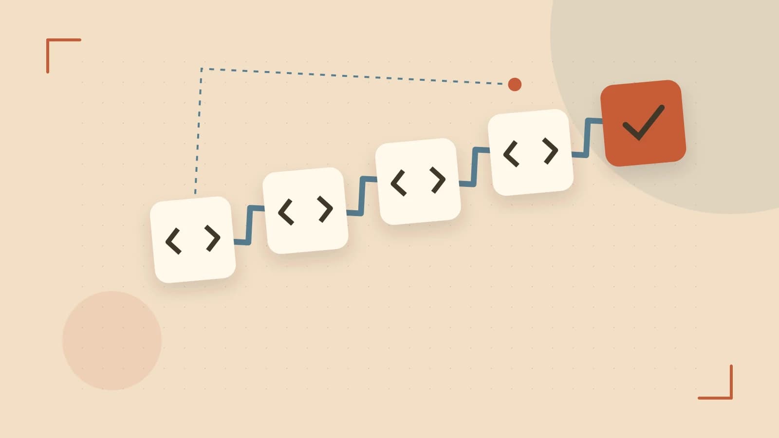 Editorial illustration of a branching build pipeline, staged transformations and a completed check