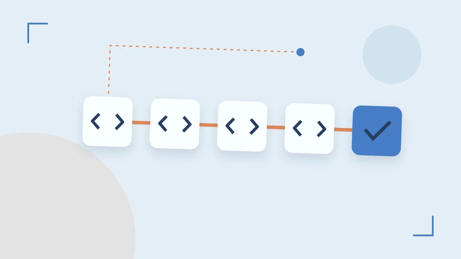 Editorial illustration of a branching build pipeline, staged transformations and a completed check