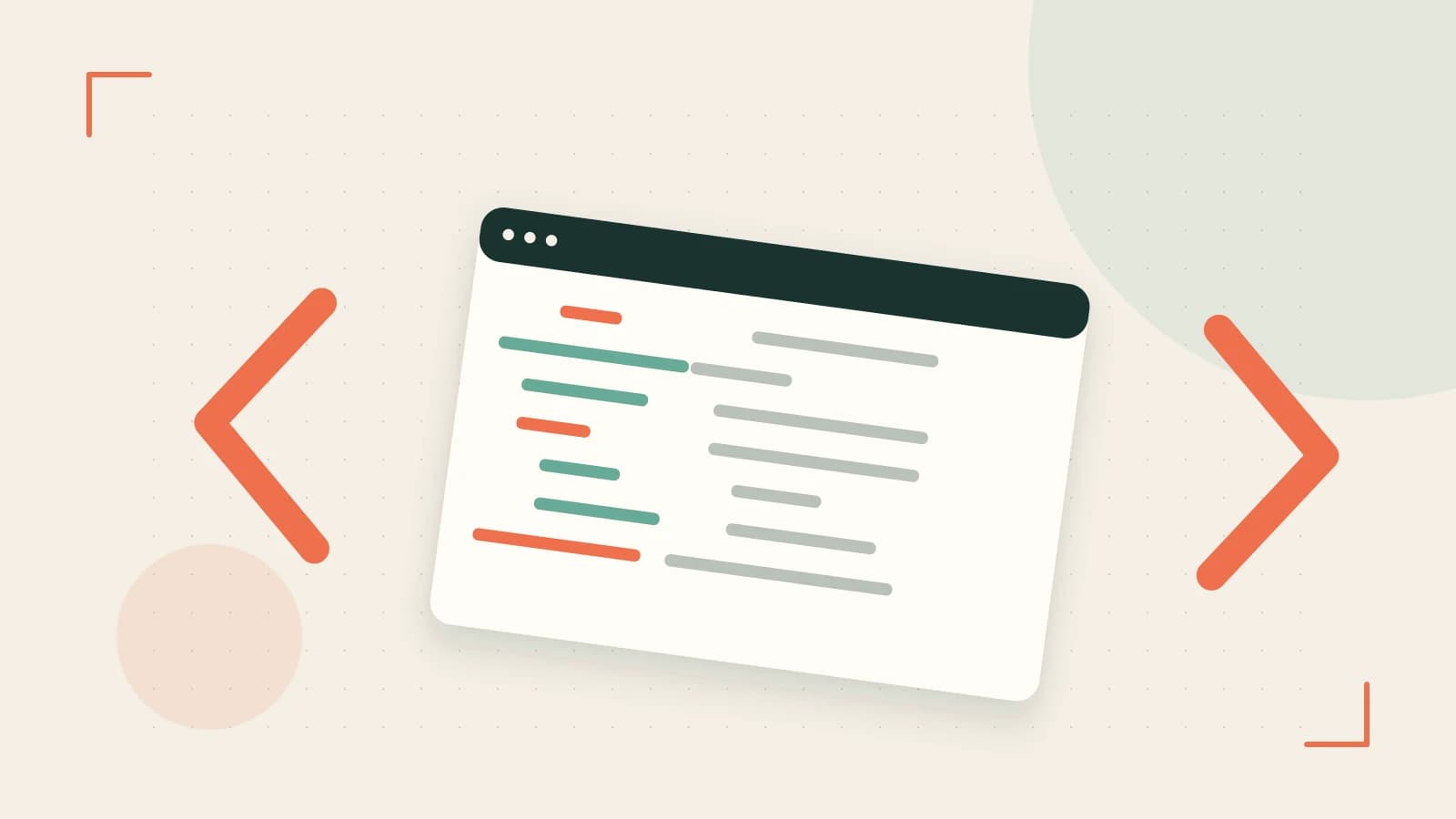 Editorial illustration of an abstract code editor, syntax blocks and oversized programming brackets