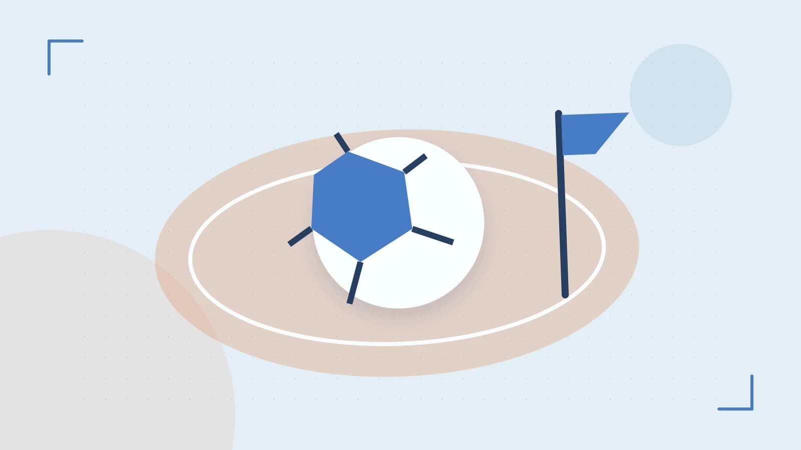 Editorial illustration of a stylized sports ball, stadium geometry and dynamic arcs