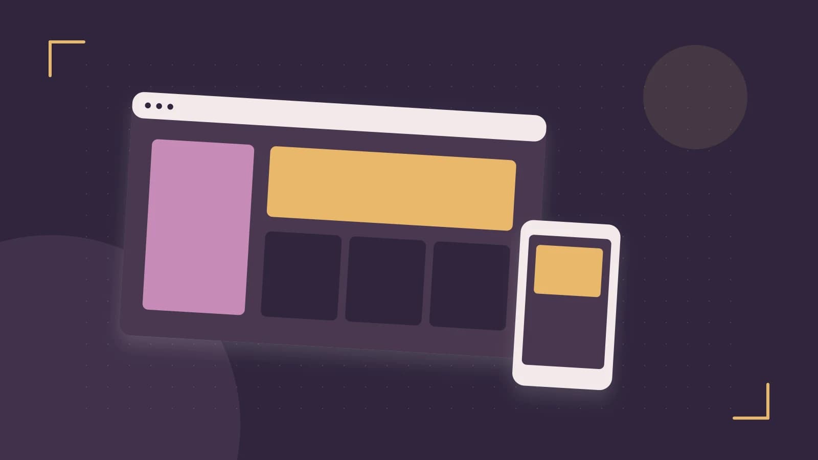 Editorial illustration of responsive browser layouts, overlapping design components and a color system