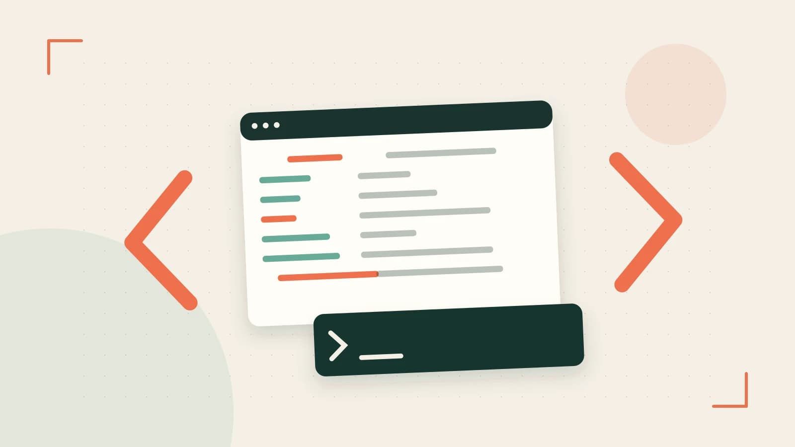 Editorial illustration of an abstract code editor, syntax blocks and oversized programming brackets