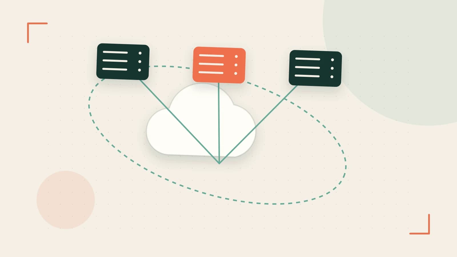 Editorial illustration of cloud infrastructure, connected server racks and an orbital service map