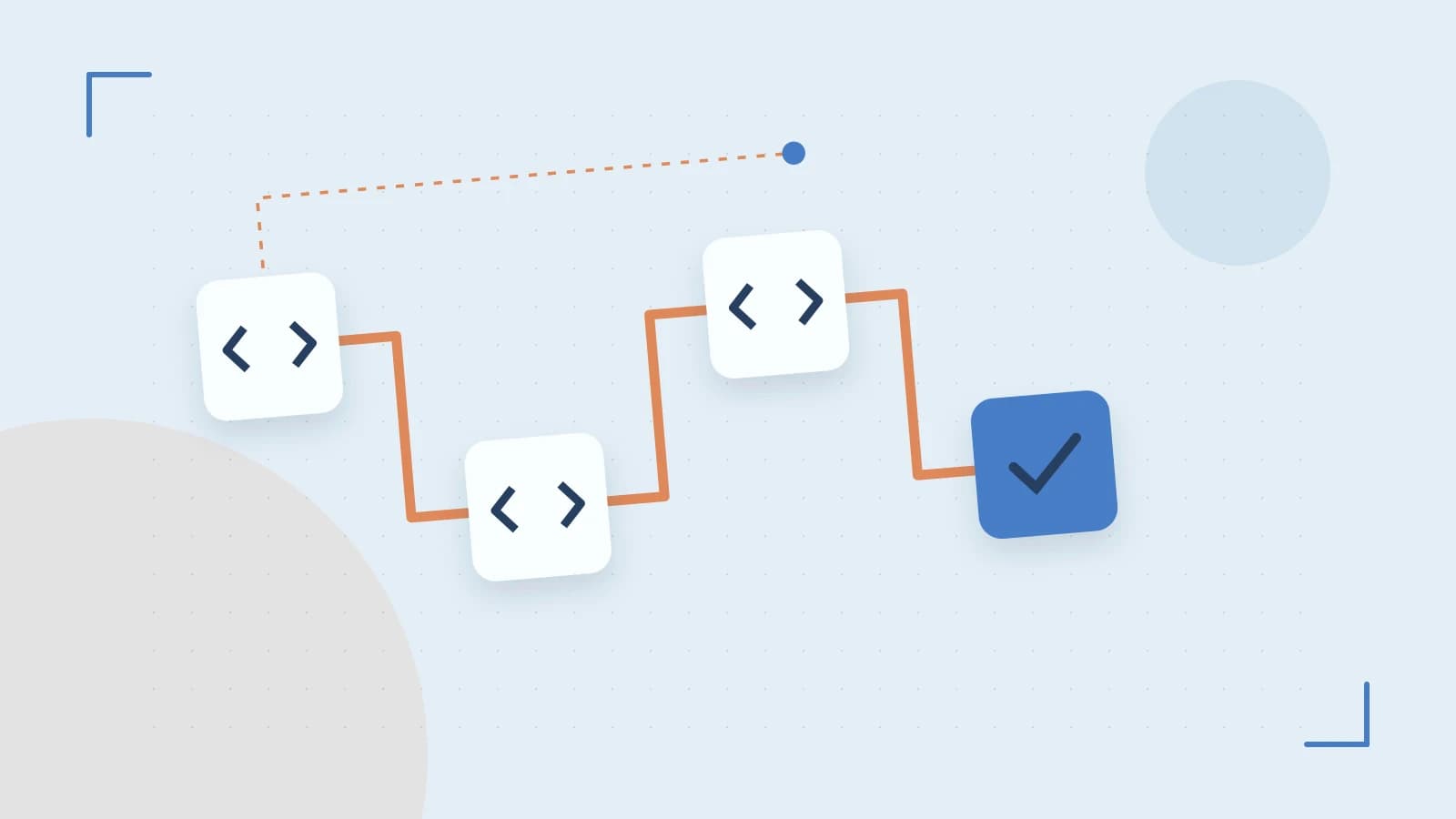 Editorial illustration of a branching build pipeline, staged transformations and a completed check