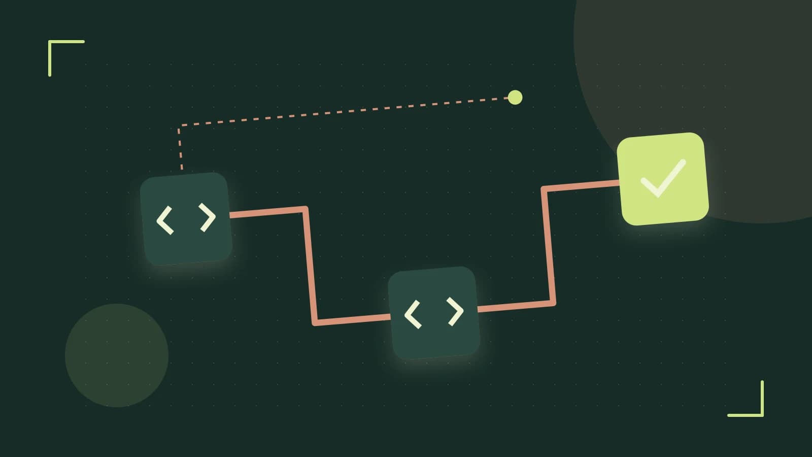 Editorial illustration of a branching build pipeline, staged transformations and a completed check