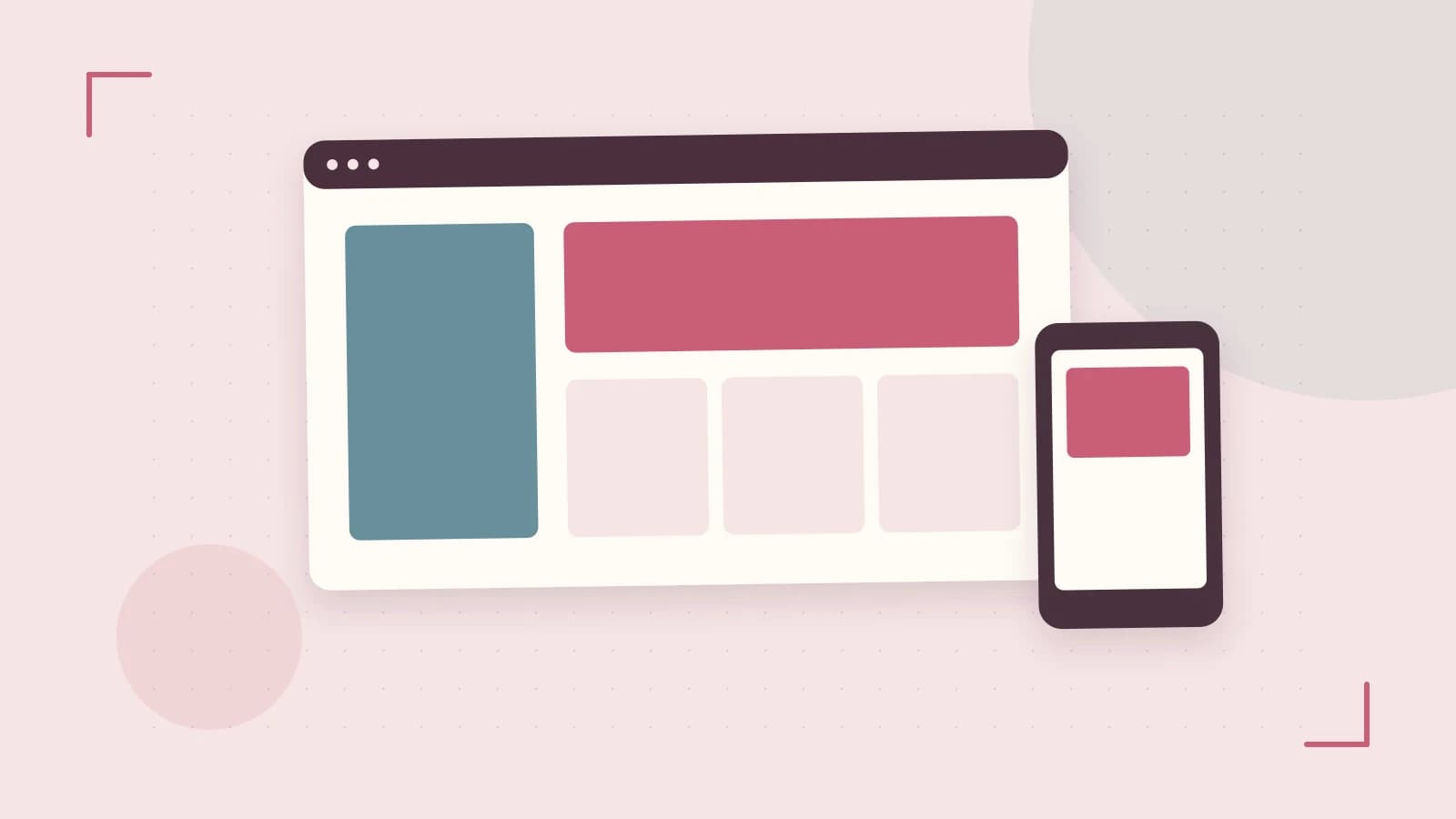 Editorial illustration of responsive browser layouts, overlapping design components and a color system